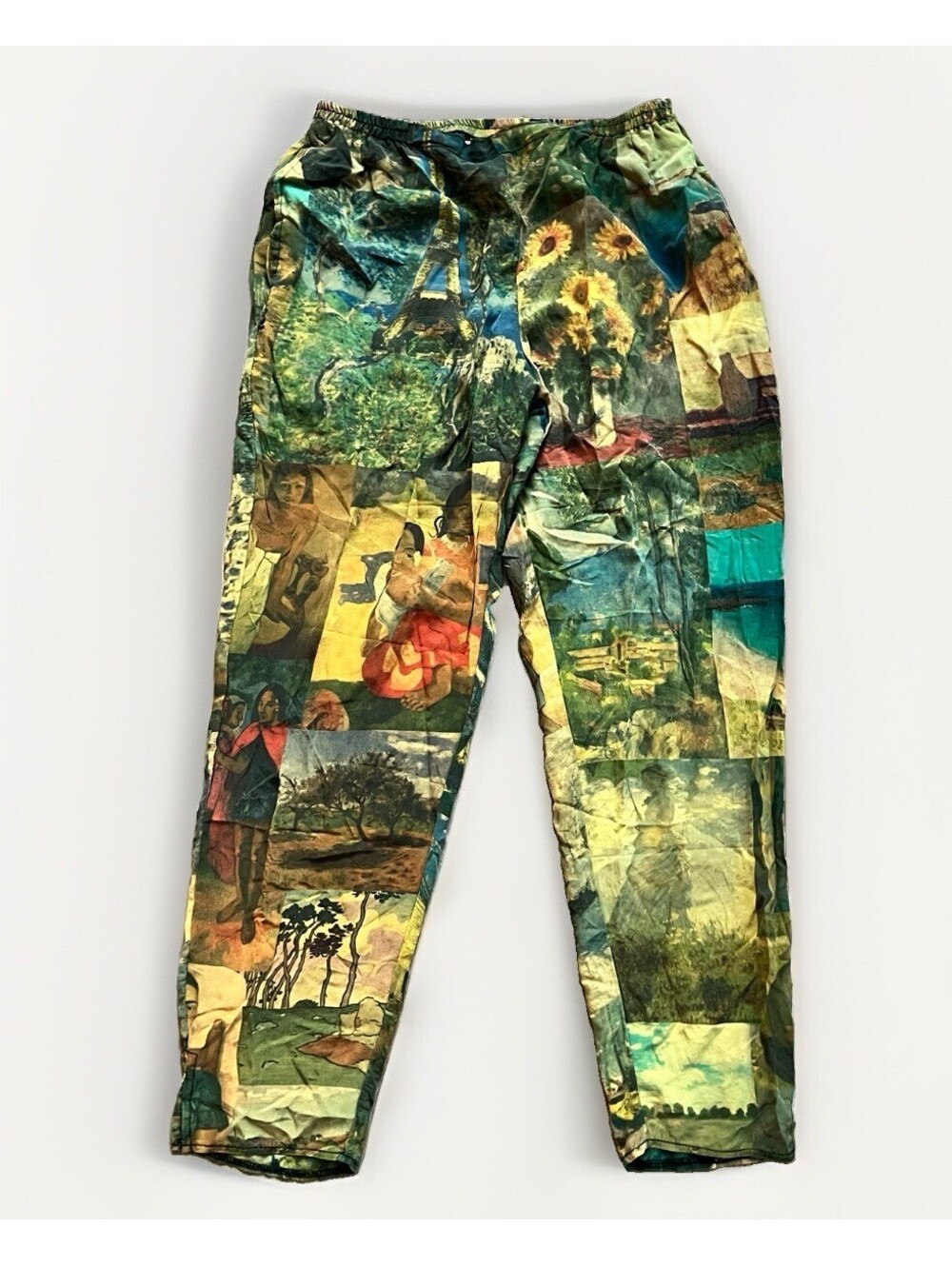 URU Vintage 90s Silk Pants Pockets Art to Wear Lagenlook Impressionist Patchwork